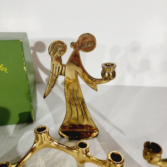 Vtg Brass Taper Candlestick Candle Holder Lot of Angels Flower MCM USA Hong Kong - Picture 3 of 15